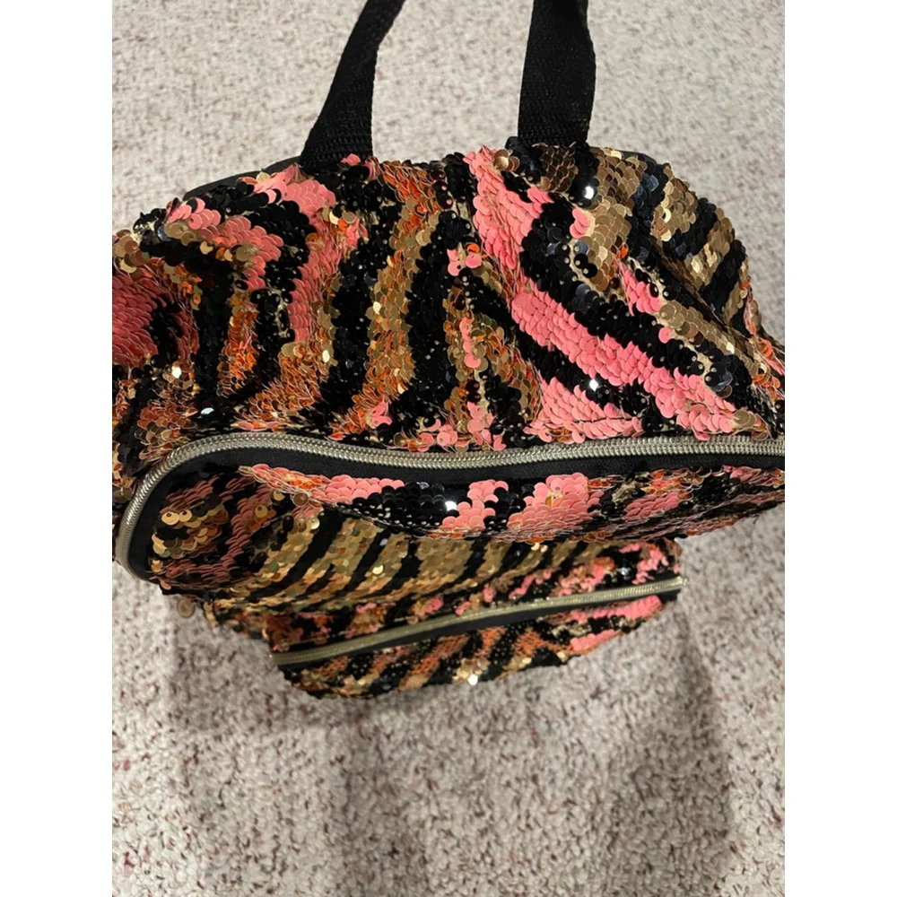 Girls' Backpack-Justice Pink Black Gold Flip-Sequin Zebra (Back to School)